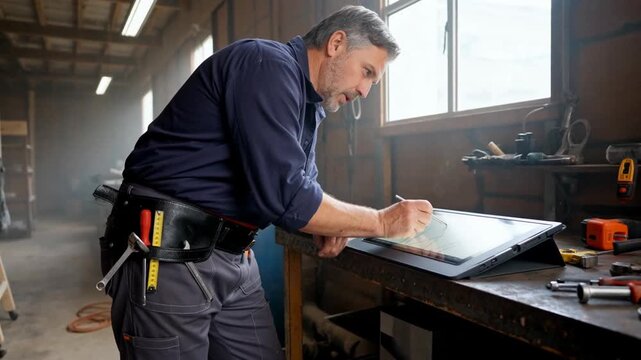 A focused man in a workshop is diligently writing notes on a drafting board while surrounded by tools, bathed in soft workshop lighting