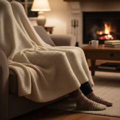 Valenstine day Cozy evening at home with warm blanket and fireplace
