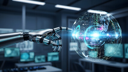 Robot hand interacting with glowing digital globe in futuristic control room