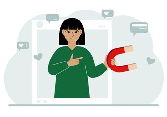 Social media influencer. A woman holds a magnet in a social profile frame. Various icons. Vector flat illustration