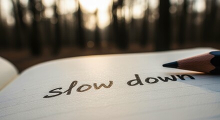 Open notebook states: Slow Down with forest background, meditation idea