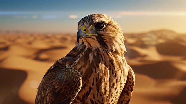 Desert hawk perched on a weathered log above rolling dunes.