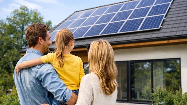Happy family near their house with solar panels.
