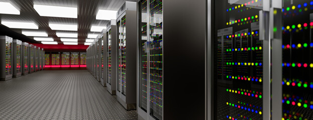 Servers. Servers room data center. Backup, mining, hosting, mainframe, farm and computer rack with storage information. 3d rendering
