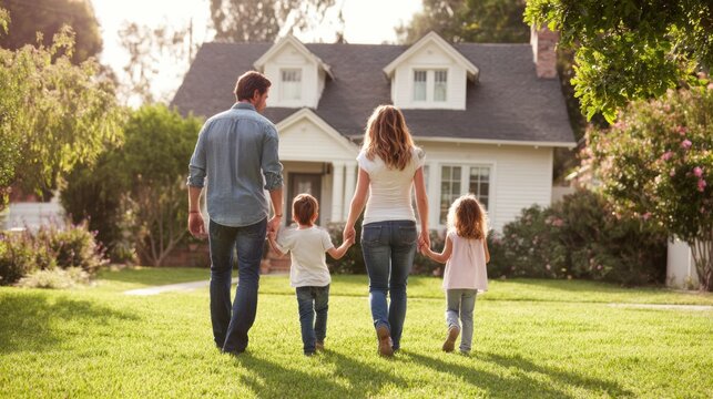 Real estate business market, house home building purchase sale. A family of four walking handinhand through a lush green lawn, surrounded by trees, plants, and flowers.