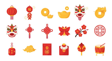 Chinese New Year Icons: Lanterns, Lion Dance, Gold, Red Envelopes, Festive Symbols © Il