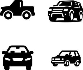Obraz premium four flat black and white car silhouette vector icon, clean solid shape isolated on white background