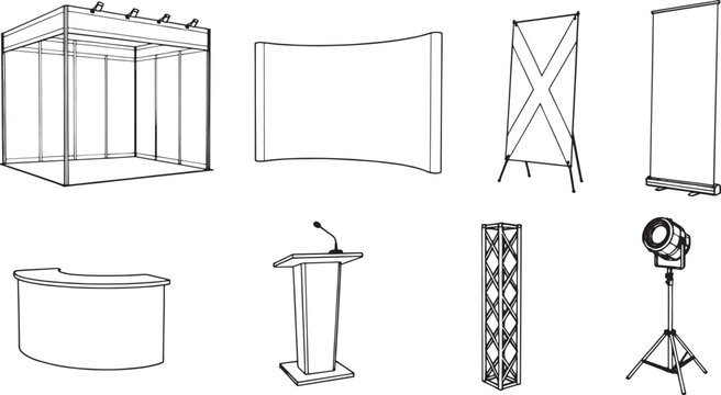 A collection of varied booth setups, portable displays, and related structures for diverse events are meticulously arranged in a clean, professional line.