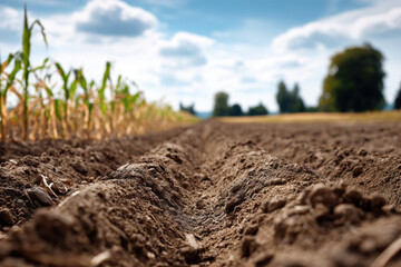 Farmland soil furrow corn field drought under summer sky on rural farm, dry earth and agriculture