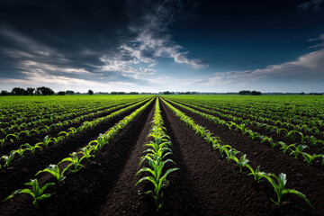 Corn field seedling soil row agriculture sky under dramatic cloud with vibrant green crop growth and hopeful horizon