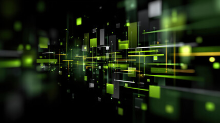 Abstract technology green square light background with futuristic network glow and fast digital line movement in dark space