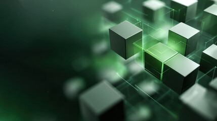 Abstract cube technology background green glowing geometric block structure for data network concept