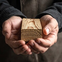 Hands Holding A Small Piece Of Wood With Visible Grain Texture Under Soft Light Showing Craftsmanship And Natural Material