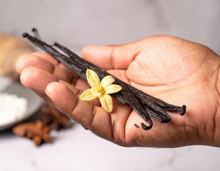 Close Up Hand Holding Dark Vanilla Beans With Small Yellow Flower and Star Anise Spice On Marble Surface Overhead Shot