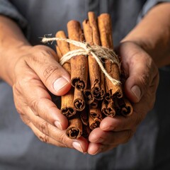 A Pair of Hands Gently Holding a Bundle of Cinnamon Sticks Tied with Twine Against a Dark Gray Fabric Background in Soft Overhead Lighting