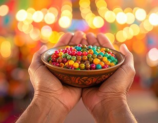 Hands Holding Small Colorful Candies in Decorative Bowl with Blurred Festive Lights Background