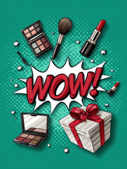 Pop comic makeup gift lipstick surprise present holiday scene with bold wow text and beauty product around wrapped box