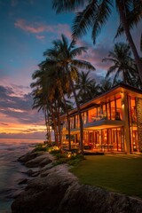 Obraz premium Real estate business market, house home building purchase sale. A modern house situated on a tropical beach at twilight, illuminated by lights and surrounded by lush palm trees.