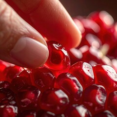 Close up of a delicate human finger gently touching a ripe red pomegranate seed revealing its juicy texture and vibrant color with a shallow depth of field