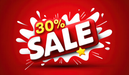 Sale discount promotion offer banner red marketing retail background with bold thirty percent text and star splash graphic