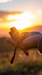 Close up of human hands holding prayer beads during a vibrant sunset with golden sunlight filtering through the fingers and casting a warm glow on the natural landscape outdoors