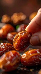 Close up of a hand picking a glistening ripe date fruit with rich amber color and textured skin against a dark background with soft focus background lighting