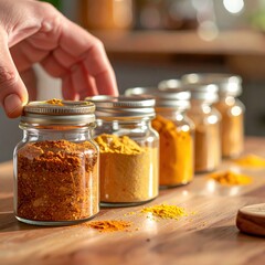 Hand Reaching For Small Glass Jars Filled With Vibrant Yellow And Red Spices Arranged On A Wooden Surface