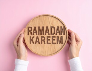 Hands holding round wooden plaque with Ramadan Kareem text against pink background with soft studio lighting and white sleeves visible