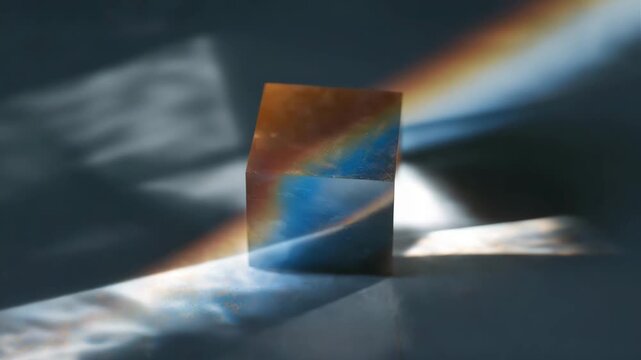 A close-up of a prism splitting white light into a full color spectrum, vibrant hues spreading across a dark surface to visualize physics and optical science concepts. cinematic color correction,
