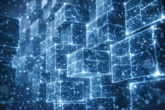 Floating icy blue cubes with electric cracks, abstract digital blocks, futuristic data structure and cold energy background.