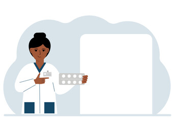 A female doctor holds pills in his hand. Large white sheet for text. Vector flat illustration