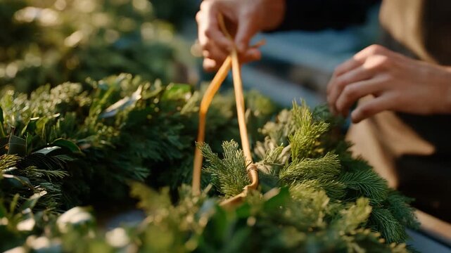 A DIY enthusiast creating custom dividers for wreaths and garlands, transforming a messy garage pile into a visually satisfying wall of tidy, well-organized festive décor