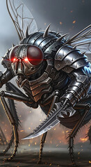 Obraz premium Mechanical insect warrior with glowing red eyes and sharp blades.