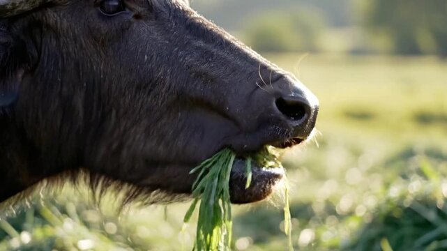 Close up of a dark brown water buffalo peacefully grazing on lush green grass in a sunlit open field during daytime hours