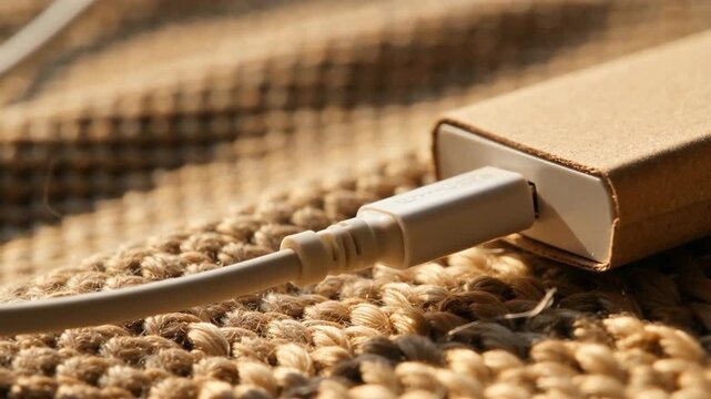 Close-up of a hand connecting a USB cable to a device on a textured surface, showcasing soft lighting and warm tones