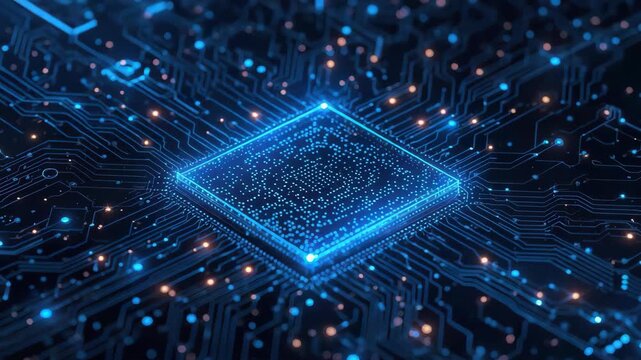 Glowing microchip circuit board blue light with dynamic energy, digital light particles