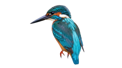 Isolated Common Kingfisher, a colorful vibrant perched bird with a long beak and feathers