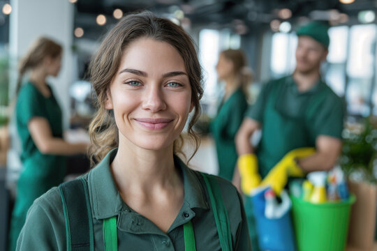 Cleaner Team in Modern Office - Cheerful Young Woman in Uniform Leading Professional Cleaning Service