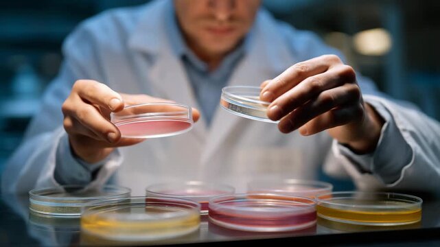 A microbiologist adding selective reagents to petri dishes, colorful streaks forming as bacterial colonies react &mdash; microbiology research, culture differentiation, and scientific discovery.