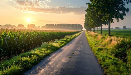 A long straight road stretches into the distance, bordered by fields and trees, illuminated by the rising sun