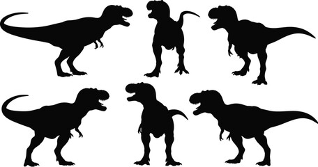 Black dinosaur silhouettes set featuring Tyrannosaurus rex poses, prehistoric animal icons in minimal flat vector style isolated on white background for design use © Shafik Creatives