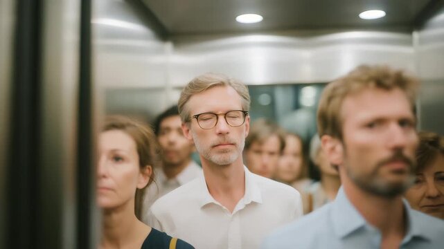A packed elevator during office rush hour, tired faces illuminated by sterile ceiling lights as the doors close on a chorus of morning sighs &mdash; vertical commuting, crowded workspace dynamics, and