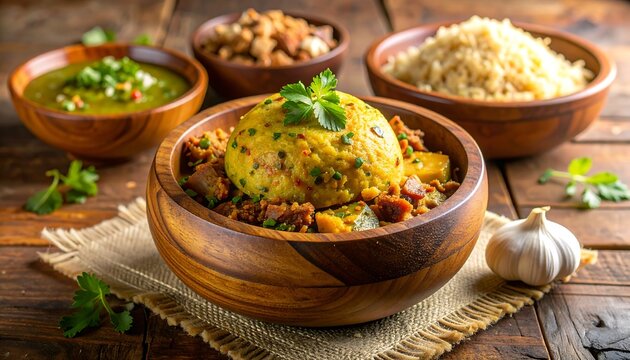 Dominican Mofongo with Garlic and Pork Cracklings in Wooden Mortar