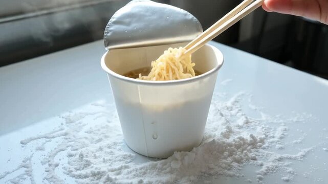 A hand holding chopsticks retrieving noodles from an empty takeout container resting on a white countertop with scattered flour around it