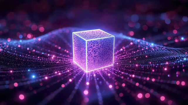 Glowing neon cube above digital particle grid futuristic abstract cube particle grid futuristic