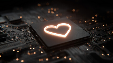 Glowing Digital Heart Icon on Futuristic Circuit Board Representing Artificial Intelligence, Human Emotion Technology, Digital Care, User Experience, and Emotional Connection in Modern Tech Systems