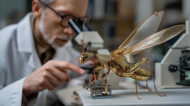 A scientist examining a miniature robotic insect under a digital microscope, its articulated wings and micro-sensors showcasing cutting-edge biomimicry &mdash; futuristic robotics and tiny mechanical
