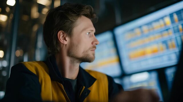 A technician monitoring fermentation tanks inside a modern biofuel refinery, digital dashboards tracking ethanol conversion rates in real time &mdash; biofuel manufacturing, clean-energy analytics, and