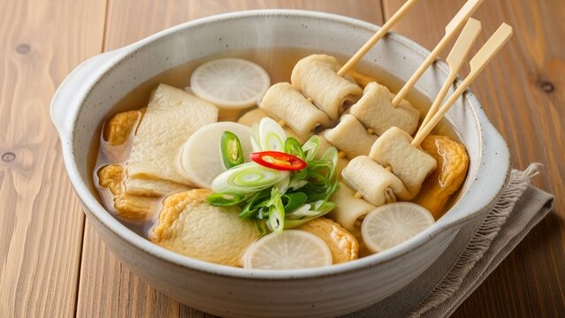 A warm bowl of Eomuk-tang, Korean fish cake soup. Featuring skewered fish cakes, sliced radish, and fresh scallions in a clear savory broth on a wooden table.