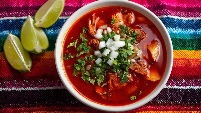 Top view of traditional Mexican menudo soup with hominy cilantro onion and lime.